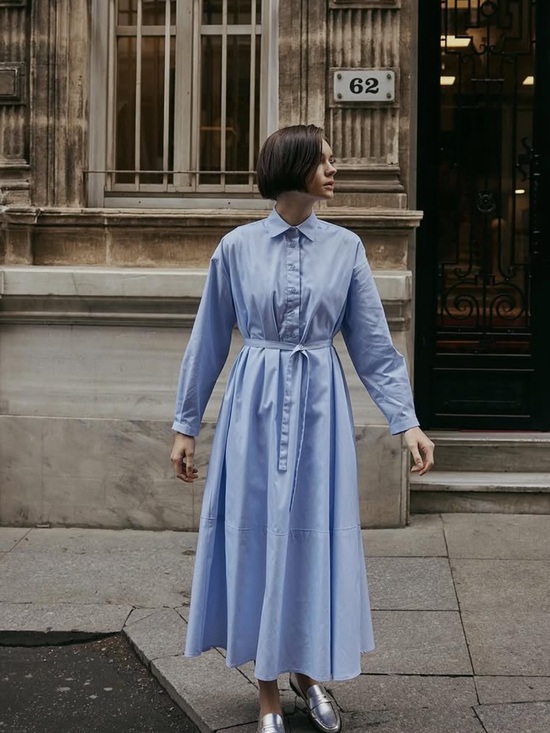 Dresses & Skirts - Cotton Shirt Dress in Light Blue